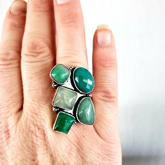 New Huge Chrysoprase & Agate 925 Silver Statement Ring. - Picture 3 of 8